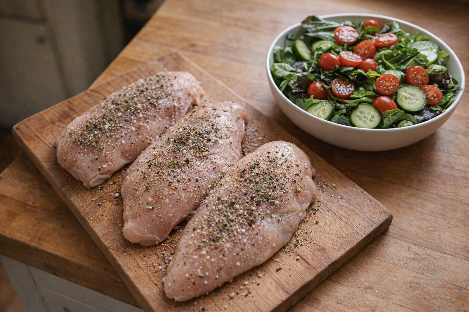 A high-angle, natural light shot of raw chicken breasts on a wooden cutting board, seasoned with salt, pepper, and herbs, next to a bowl of mixed greens, cherry tomatoes, and cucumbers.